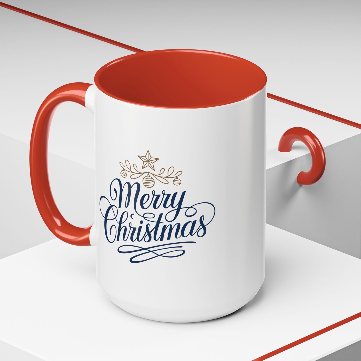 Christmas Mug - Merry Christmas Blue Text Gold Ornaments