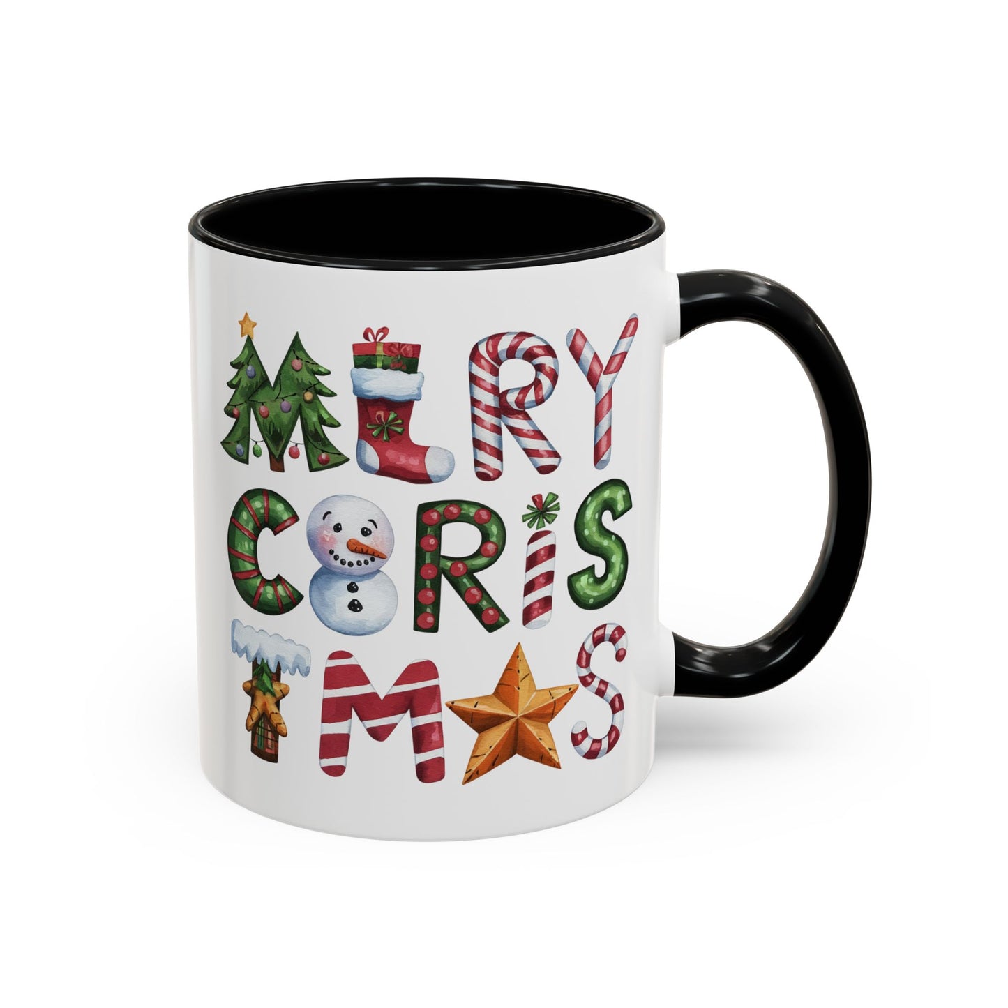 Christmas Mug - Merry Christmas Green Red & Gold Patterned Text