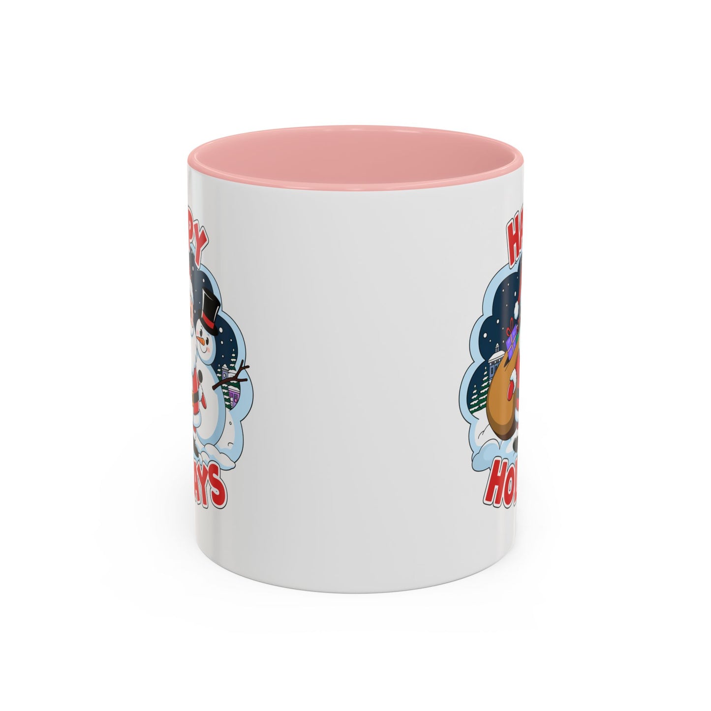 Christmas Mug - Happy Holidays Red & White Text Santa Snowman