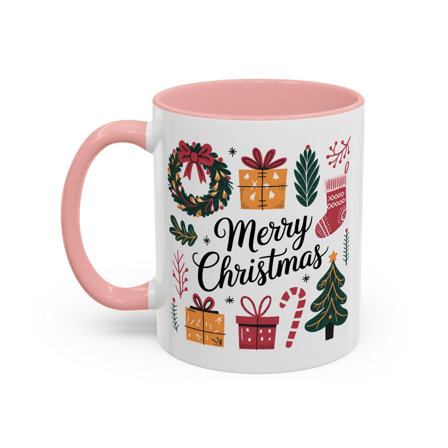 Christmas Mug - Merry Christmas Green Text Presents Tree Candy Cane
