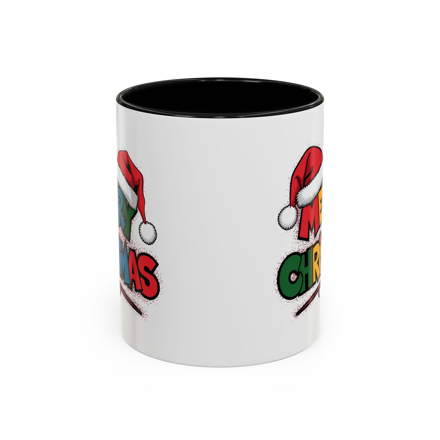 Christmas Mug - Merry Christmas Red Yellow & Blue Text Red Hats