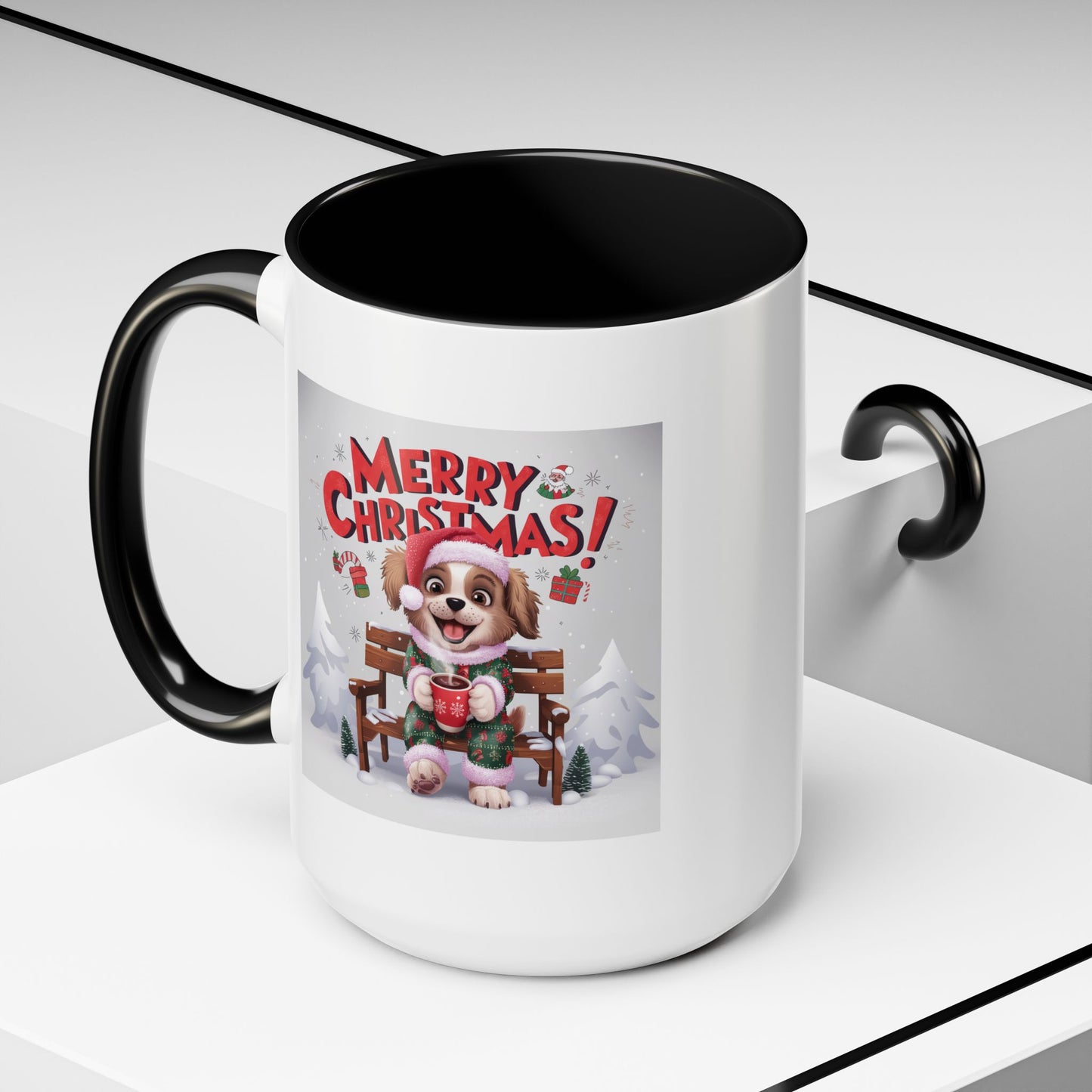 Christmas Mug - Merry Christmas Red Text Puppy Green & Red Top
