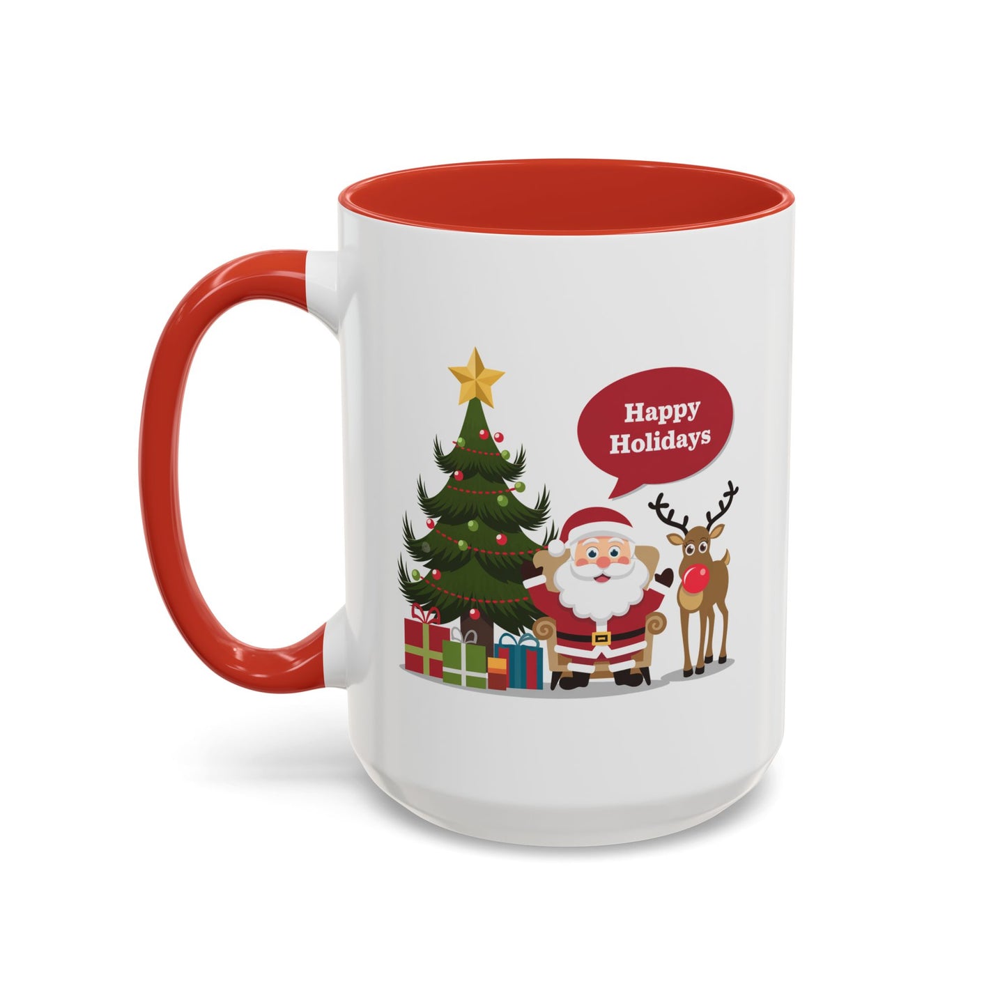 Christmas Mug - Happy Holidays Callout Santa Tree Presents Reindeer