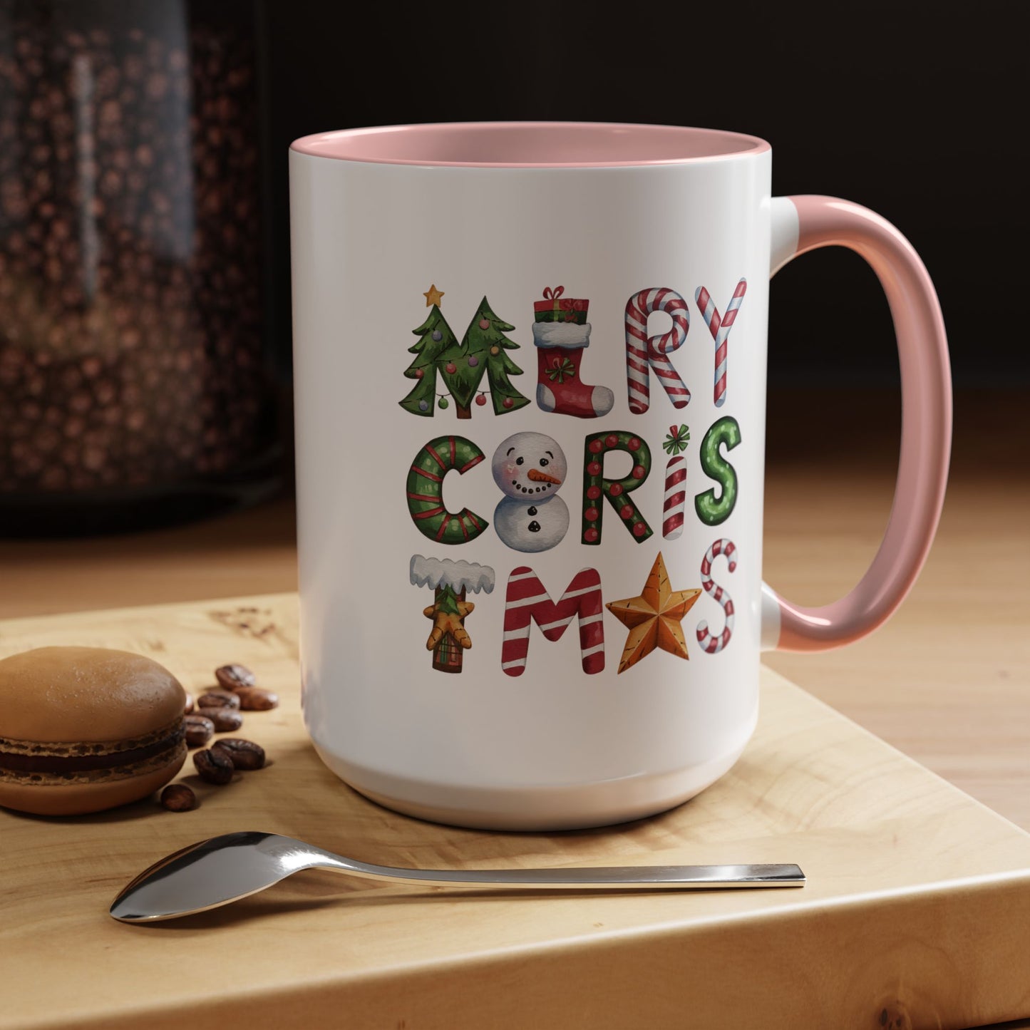 Christmas Mug - Merry Christmas Green Red & Gold Patterned Text