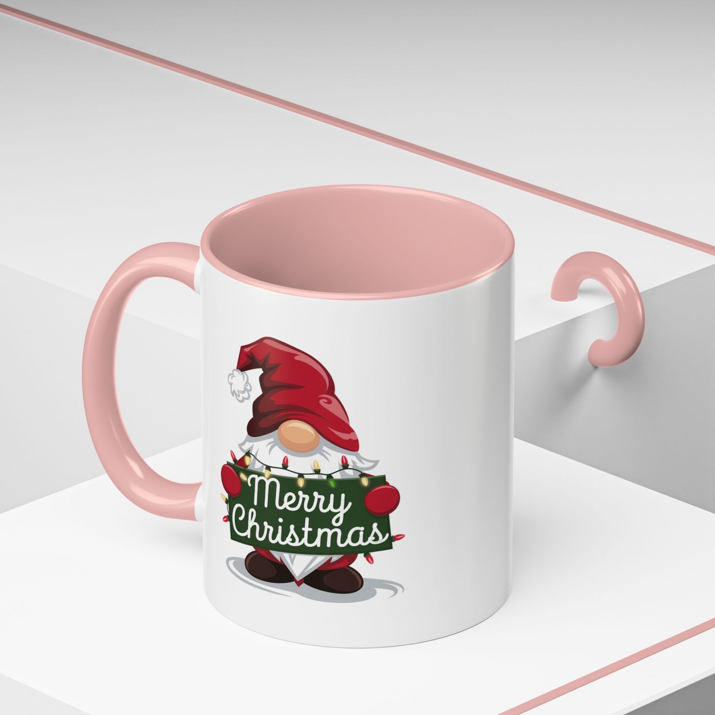 Christmas Mug - Merry Christmas White & Green Text Gnome Lights
