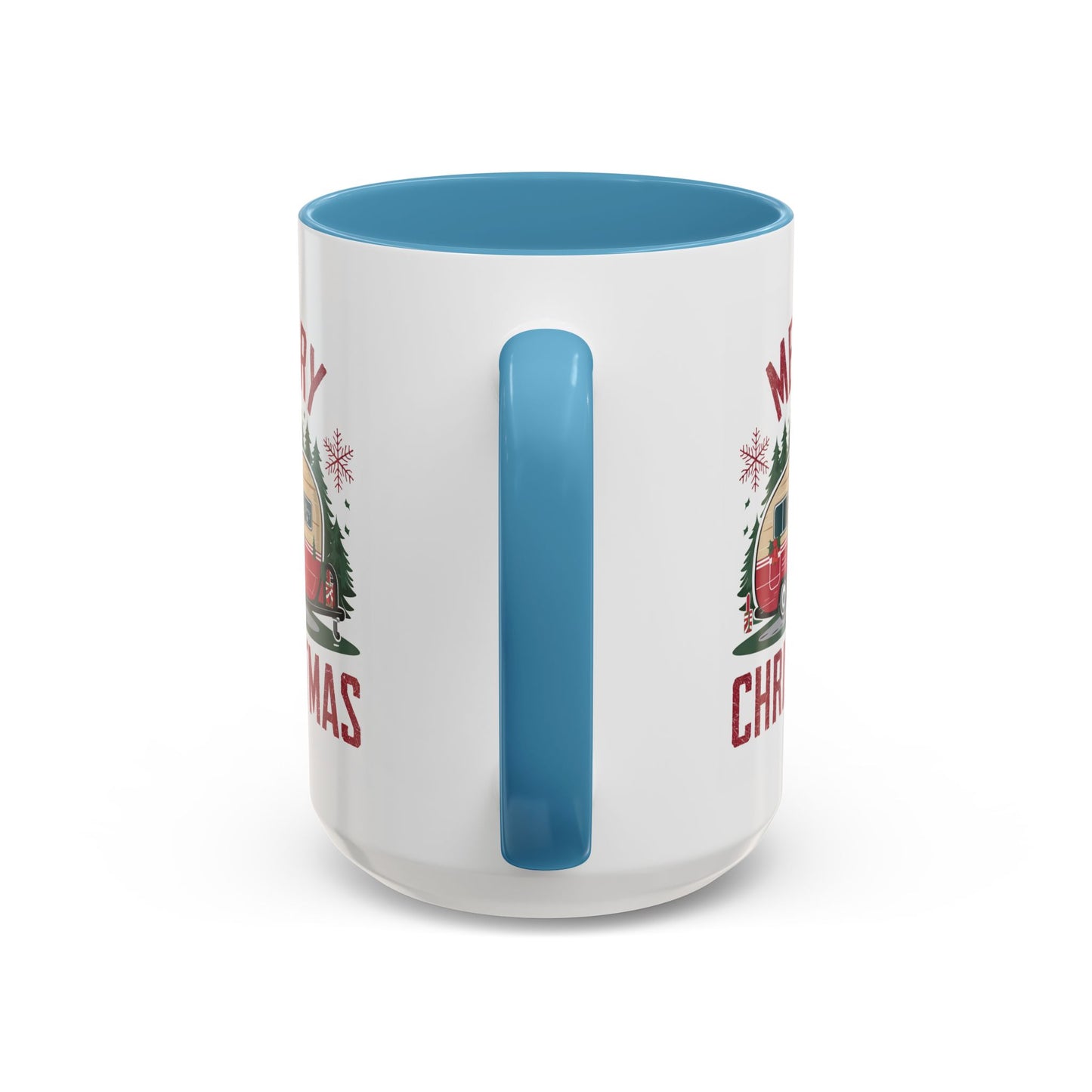 Christmas Mug - Merry Christmas Maroon Text Camper Trees Snowflakes