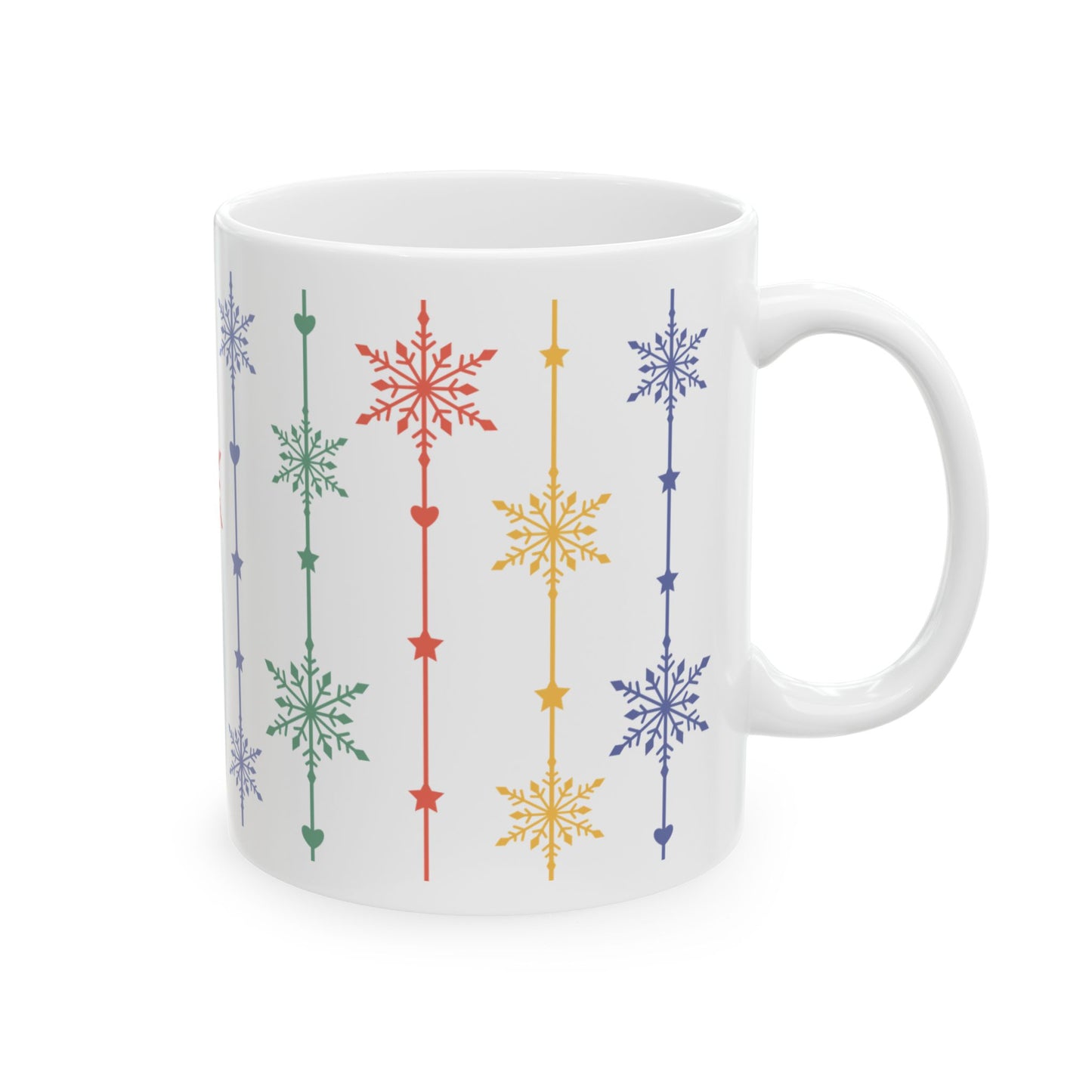 Christmas Mug - Green Yellow & Red Snowflakes Pattern