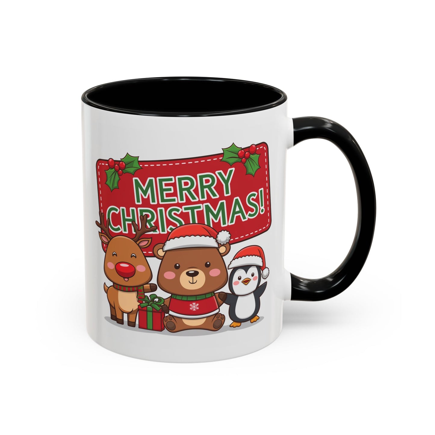Christmas Mug - Green Text Red Banner Reindeer Bear Penguin