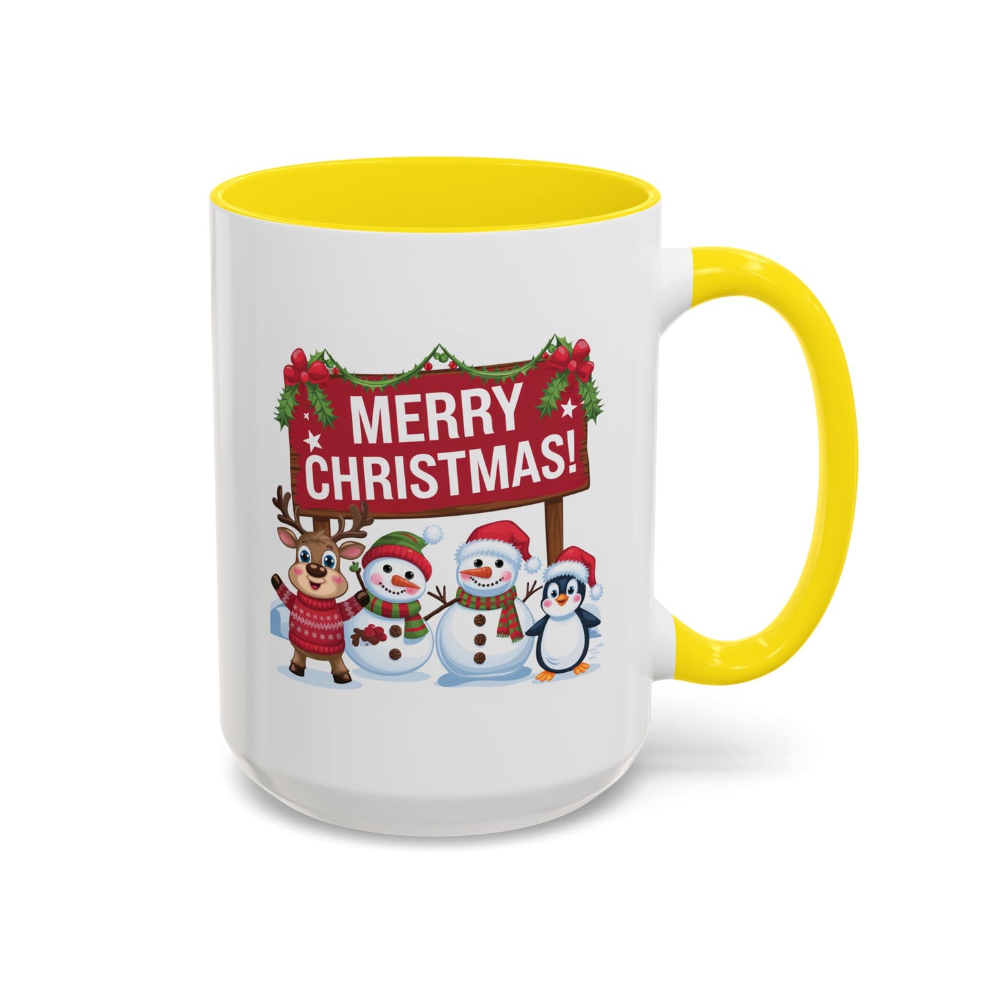 Christmas Mug - Merry Christmas White Text Reindeer Snowmen Penguin