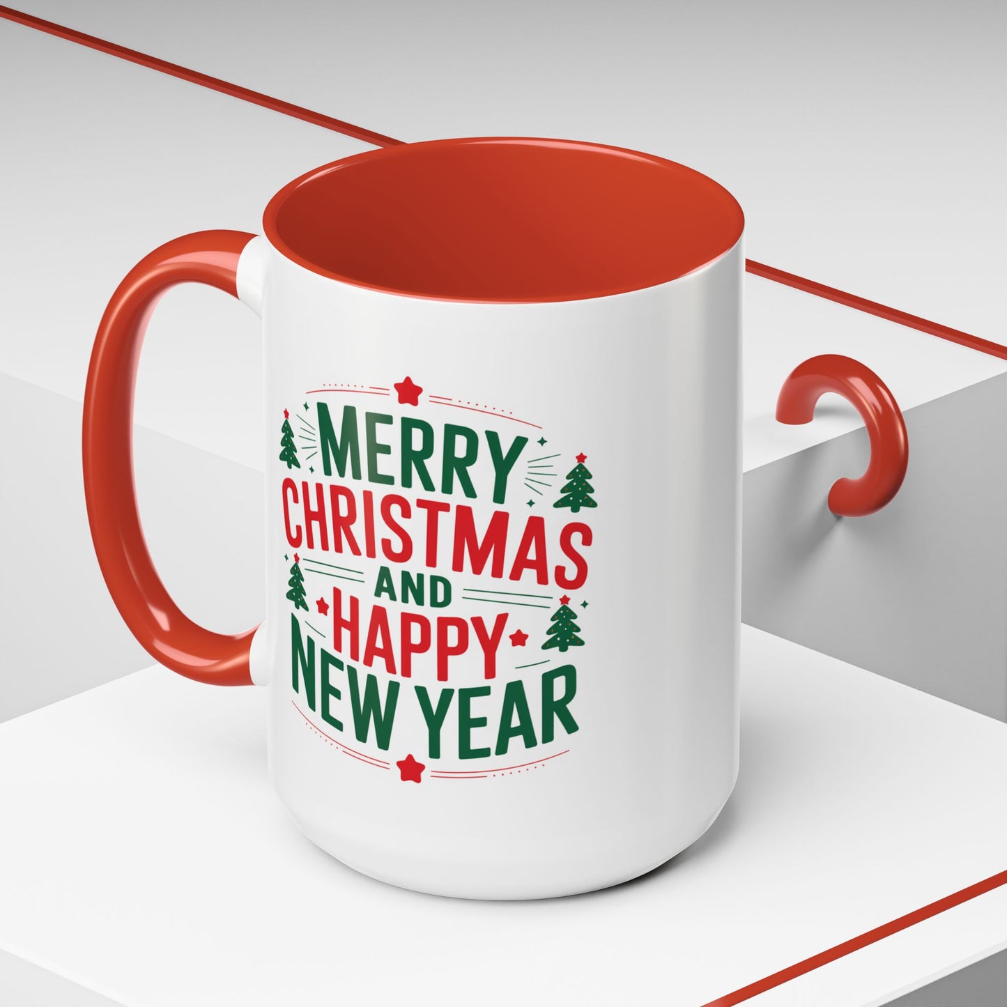 Christmas Mug - Merry Christmas and a Happy New Year Green & Red Text Trees Stars