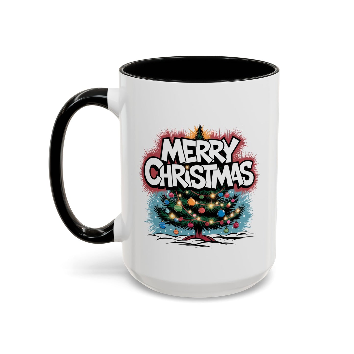 Christmas Mug - Merry Christmas White & Red Text Tree Lights
