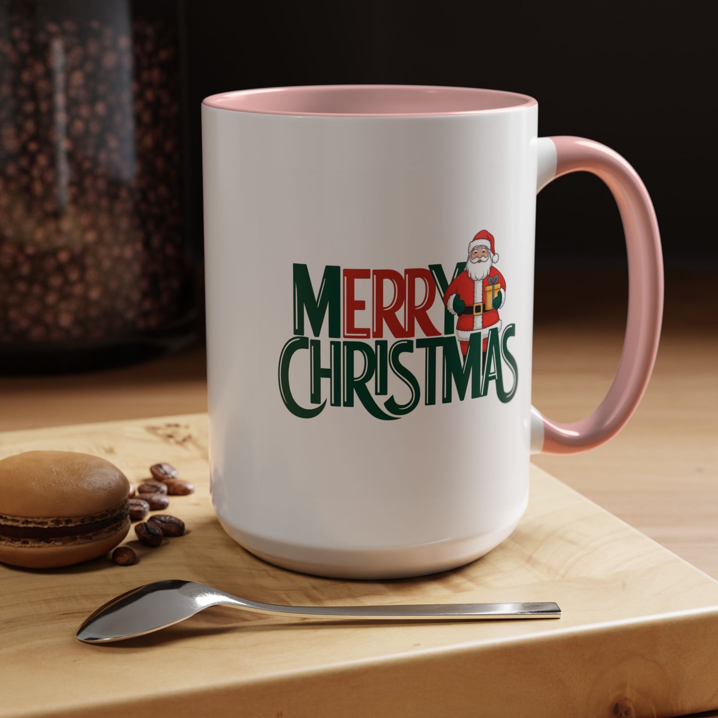 Christmas Mug - Merry Christmas Green & Red Text Santa Present
