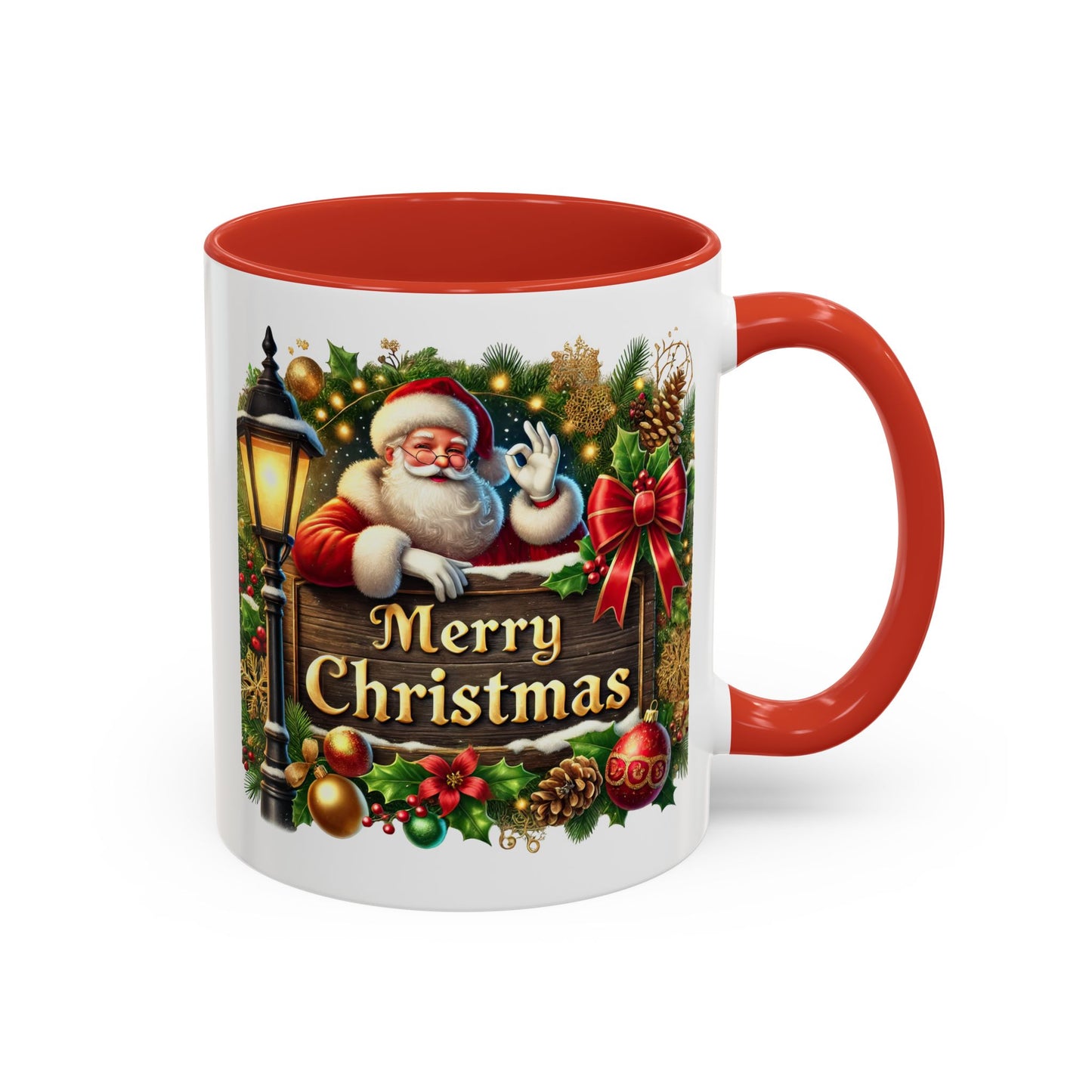 Christmas Mug - Merry Christmas Cream Text Santa Ok Light Bow Ornaments