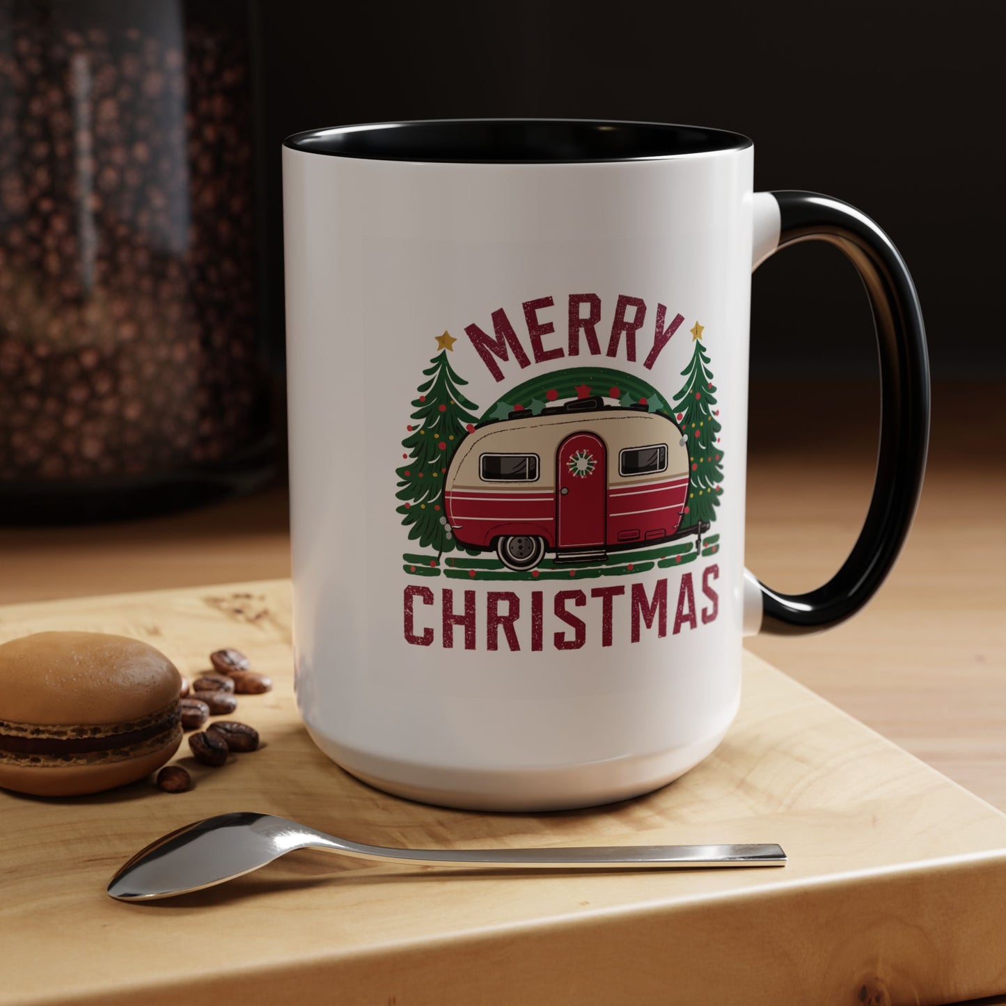 Christmas Mug - Merry Christmas Maroon Text Camper Trees