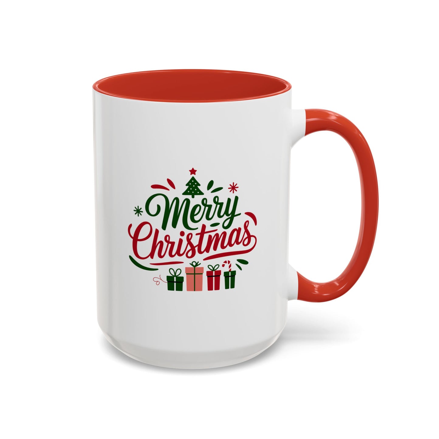 Christmas Mug - Merry Christmas Green & Red Text Tree Snowflakes Presents