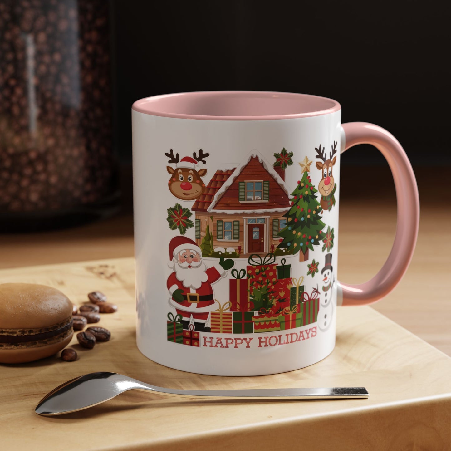 Christmas Mug - Happy Holidays Red Text Reindeer Santa Snowman Presents