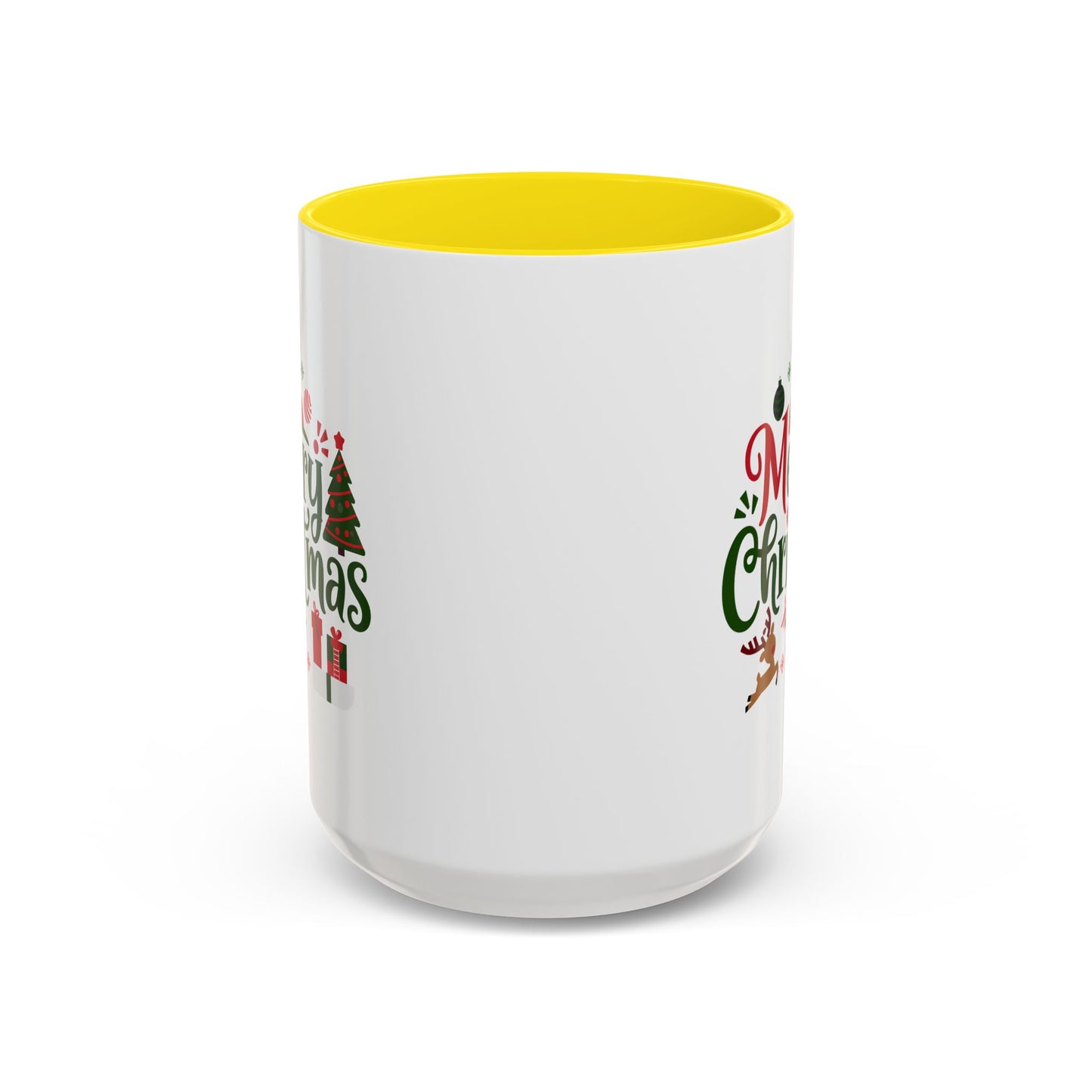 Christmas Mug - Merry Christmas Red & Green Text Santa Reindeer Tree Sleigh Ornaments