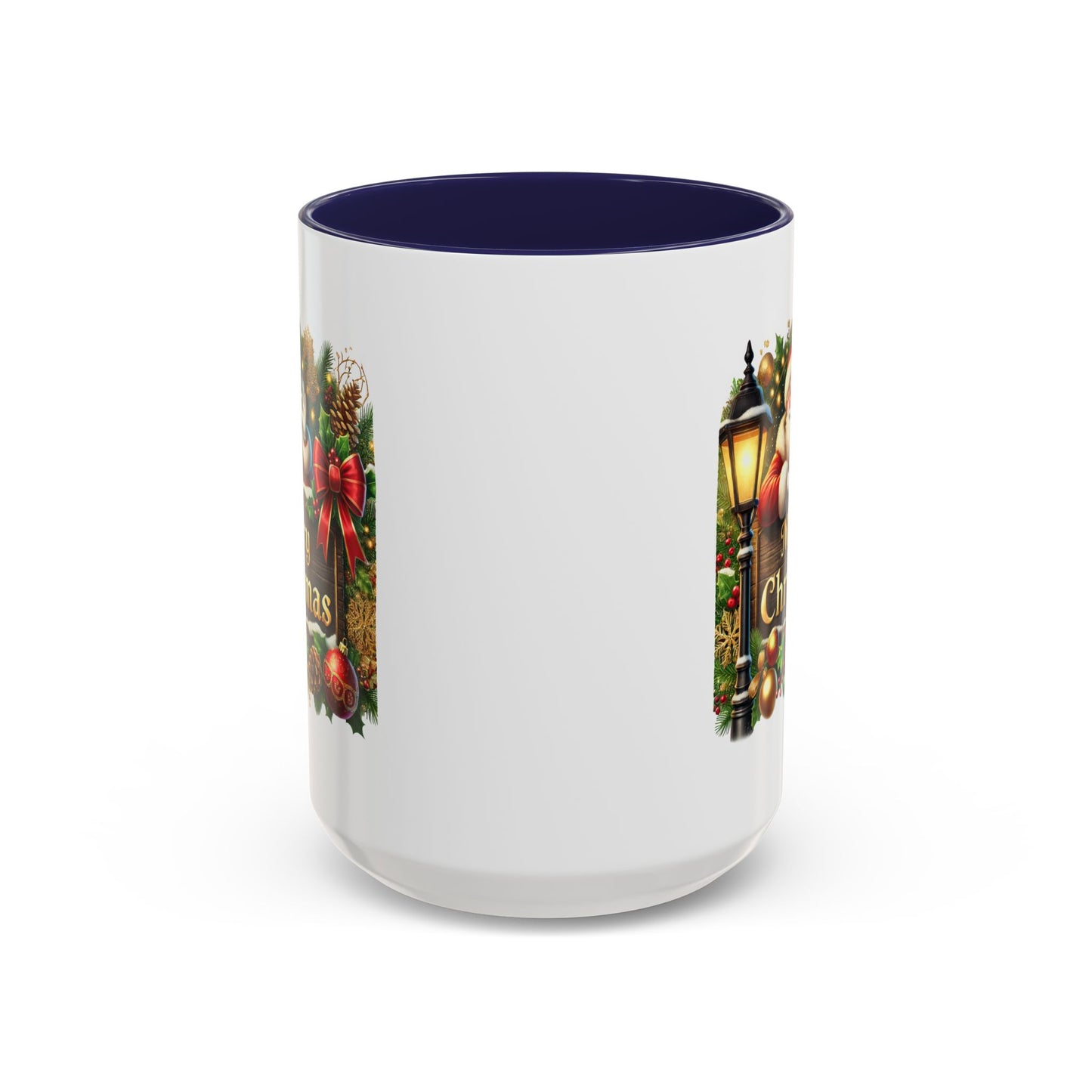 Christmas Mug - Merry Christmas Cream Text Santa Ok Light Bow Ornaments