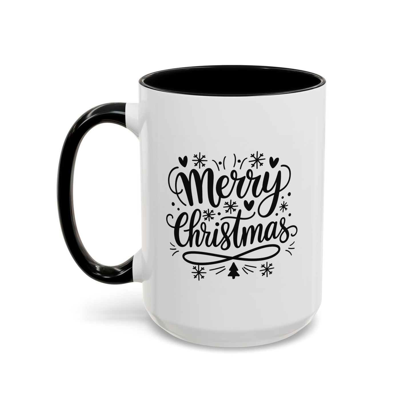 Christmas Mug - Merry Christmas Black Text Tree Snowflakes Hearts