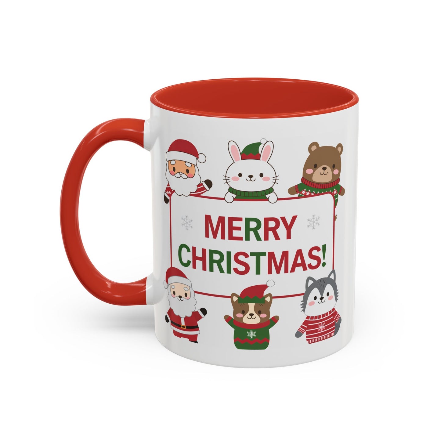 Christmas Mug - Merry Christmas Red & Green Text Santa Cute Animals