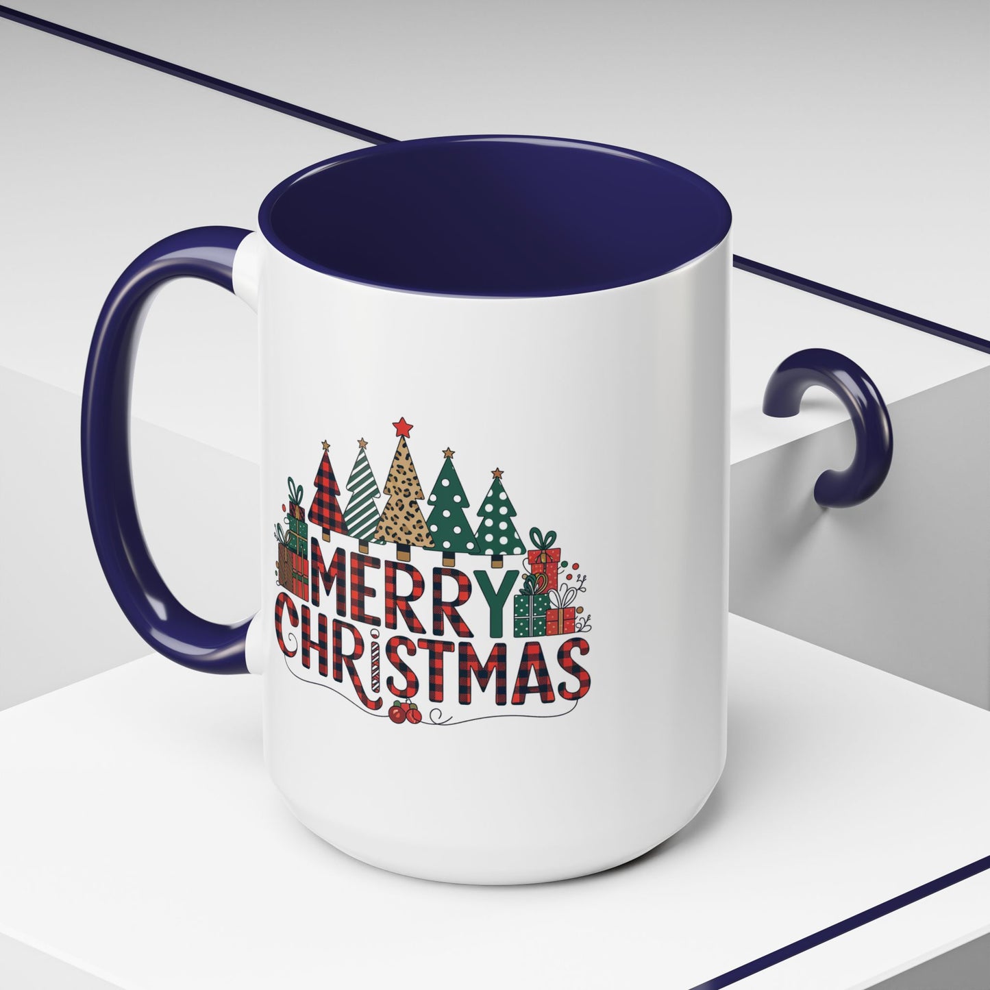 Christmas Mug - Merry Christmas Tartan Text Trees Presents