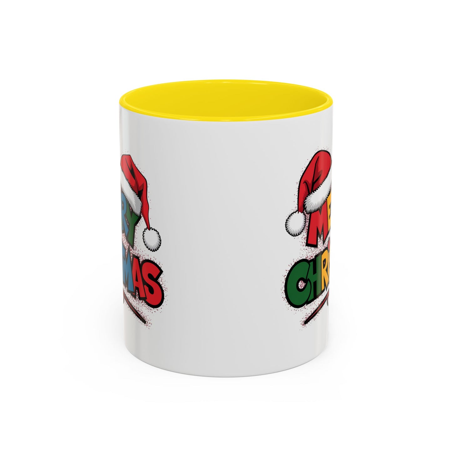 Christmas Mug - Merry Christmas Red Yellow & Blue Text Red Hats