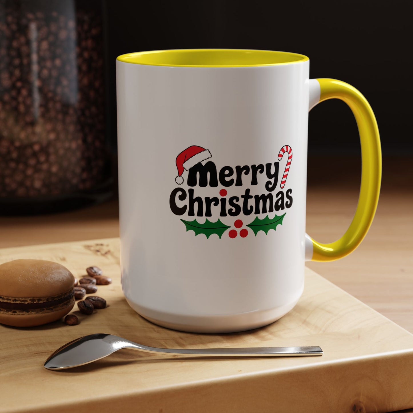 Christmas Mug - Merry Christmas Black Text Hat Cane Misletoe