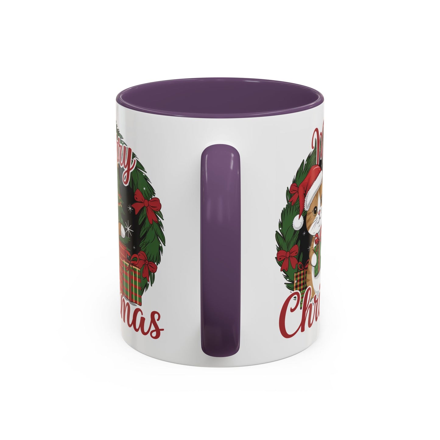 Christmas Mug - Merry Christmas Red Text Cat Presents Wreath