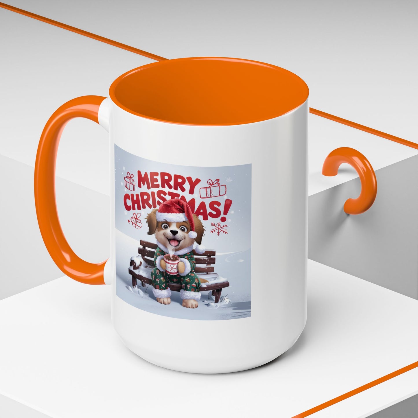 Christmas Mug - Merry Christmas Red Text Puppy Green Top 2