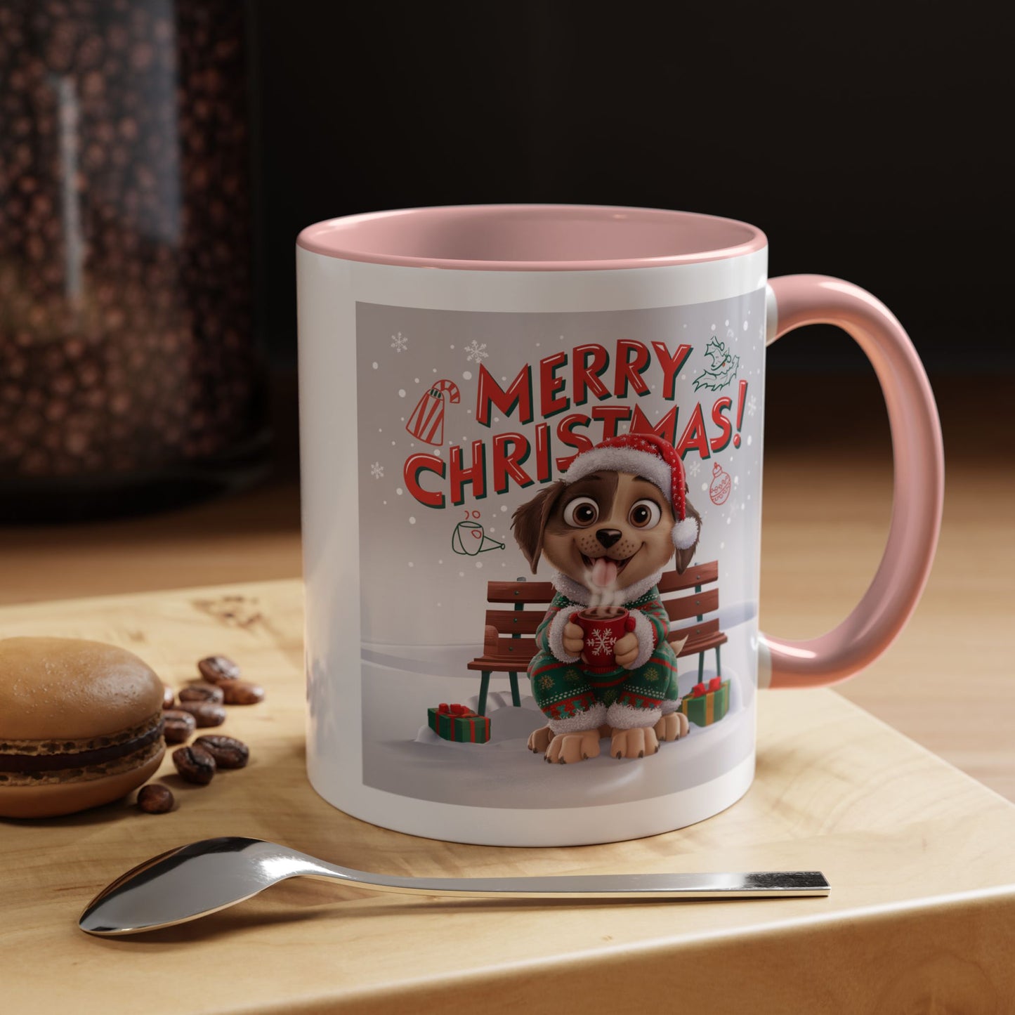 Christmas Mug - Merry Christmas Red Text Puppy Green Top