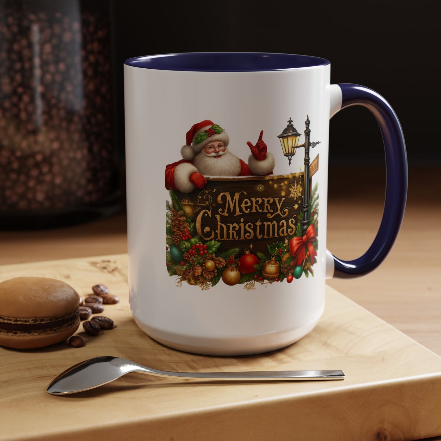 Christmas Mug - Merry Christmas Gold Text Santa Point Ornaments