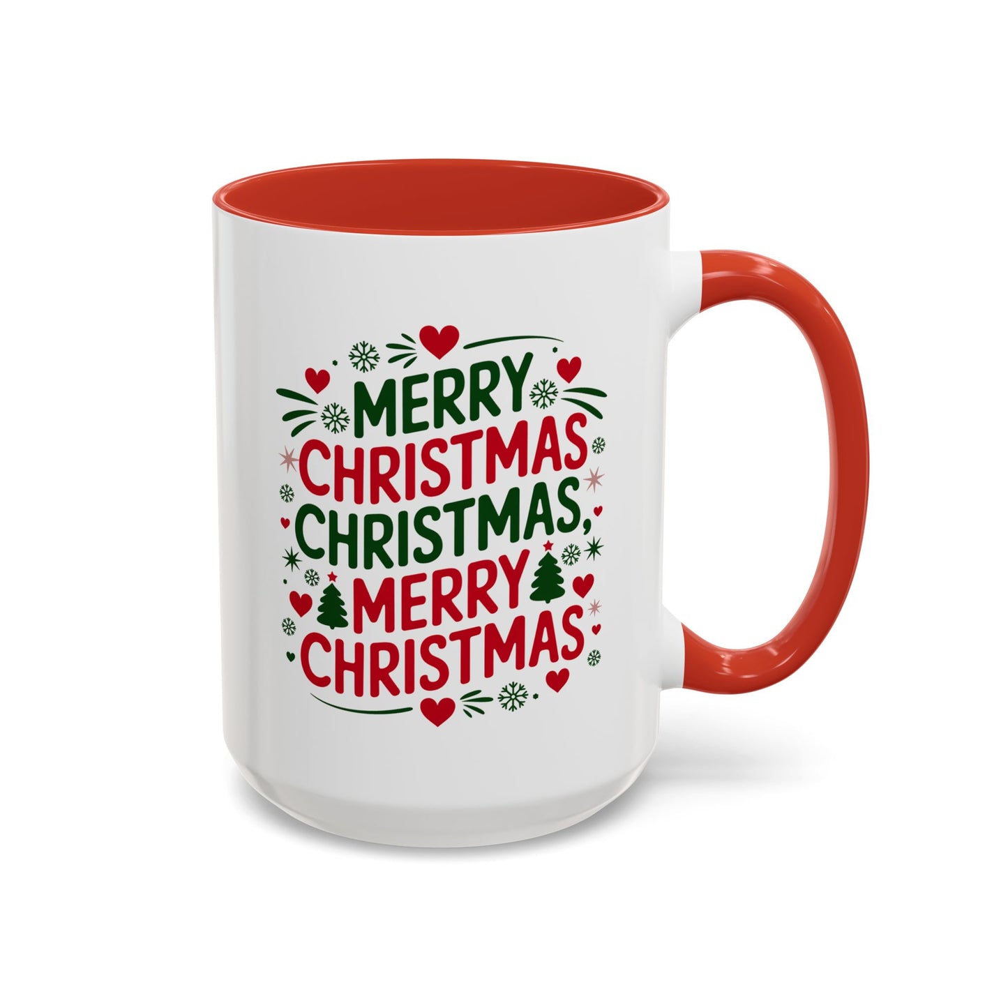 Christmas Mug - Merry Christmas Green & Red Text Trees Hearts Snowflakes Stars