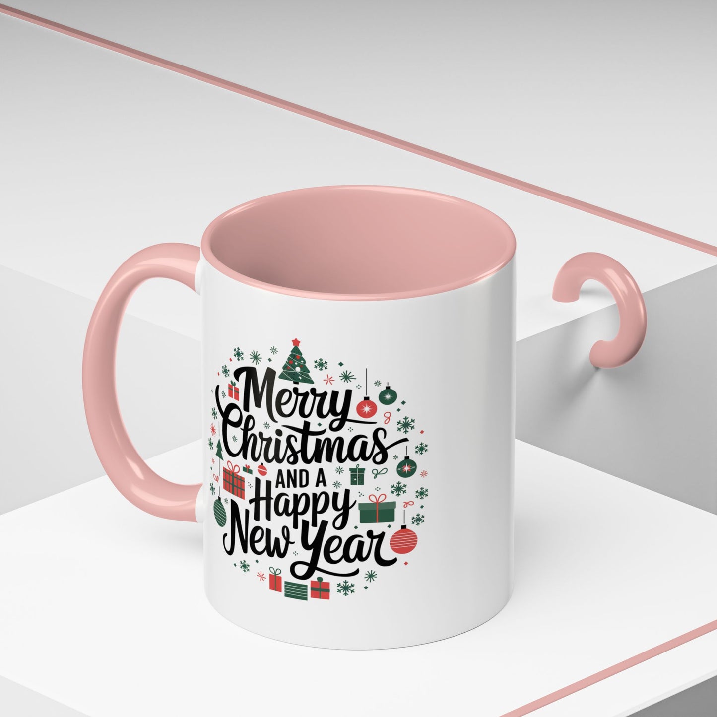 Christmas Mug - Merry Christmas and a Happy New Year Black Text Tree Ornaments Presents