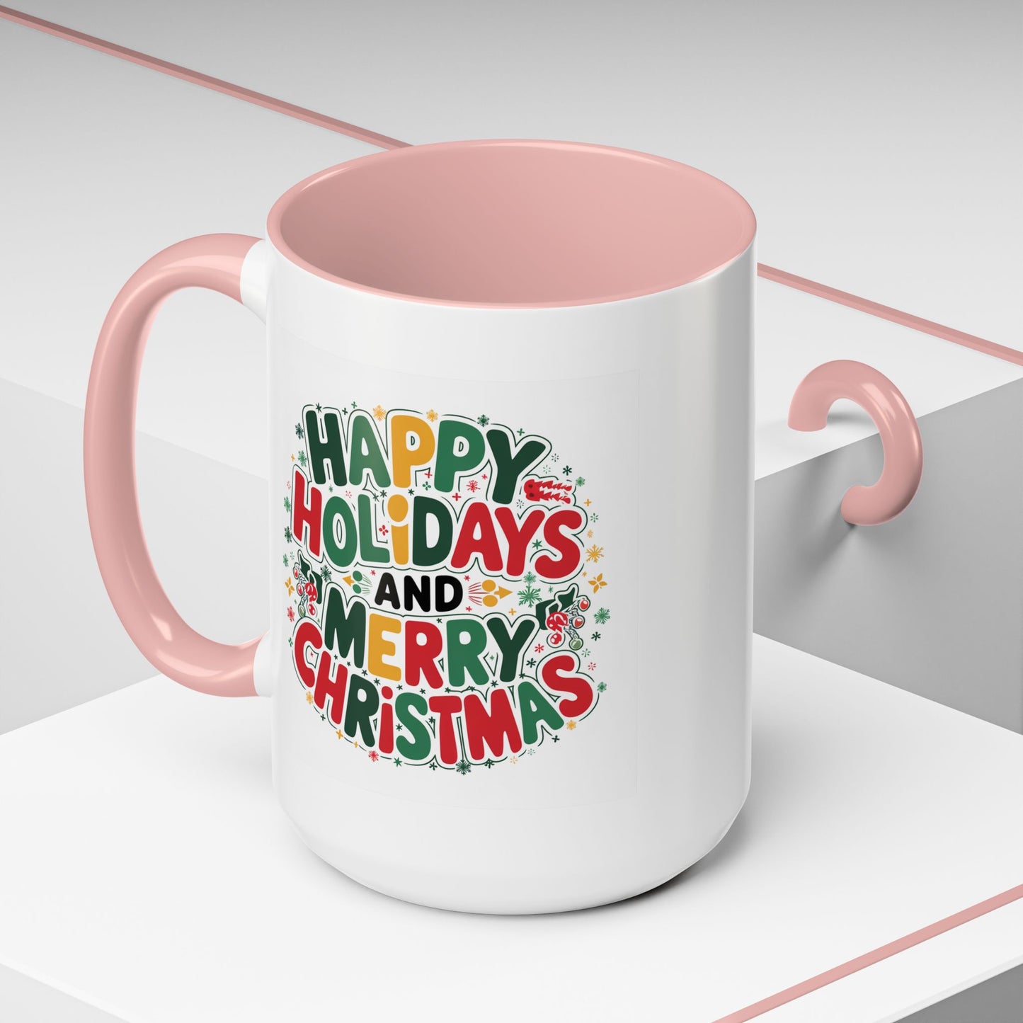 Christmas Mug - Happy Holidays and Merry Christmas Blue Green Yellow Red Text