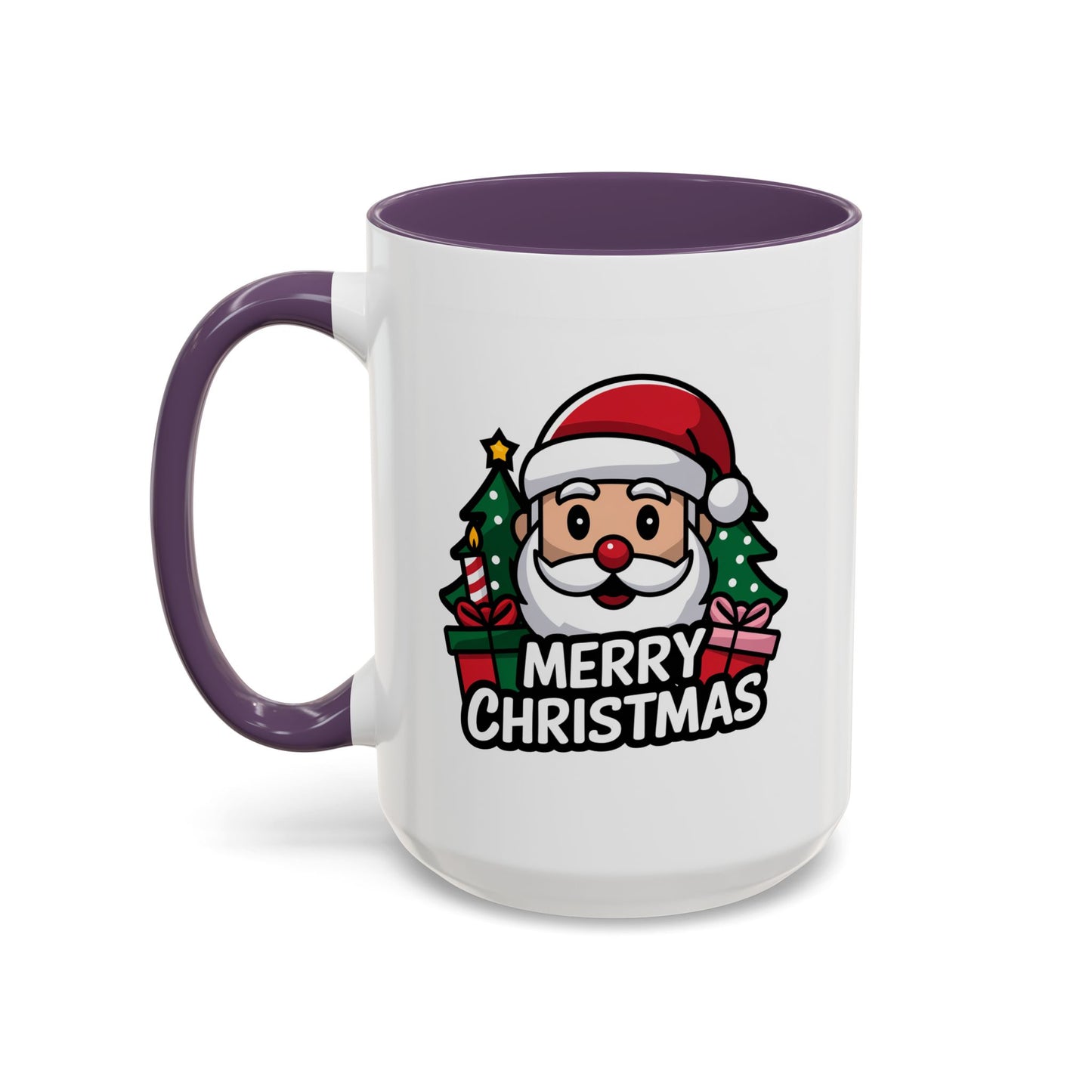 Christmas Mug - Merry Christmas White & Black Text Santa Trees Presents