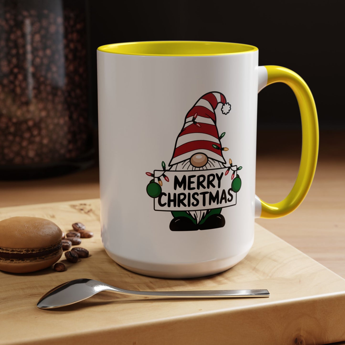 Christmas Mug - Merry Christmas Black Text Gnome Lights