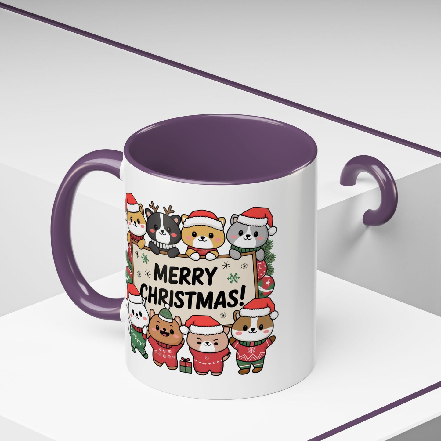 Christmas Mug - Merry Christmas Black Text Cute Animals