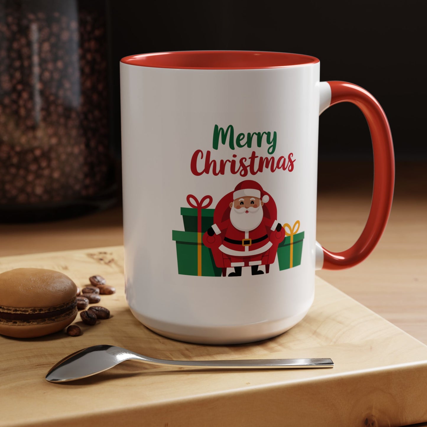 Christmas Mug - Merry Christmas Green & Red Text Santa Presents