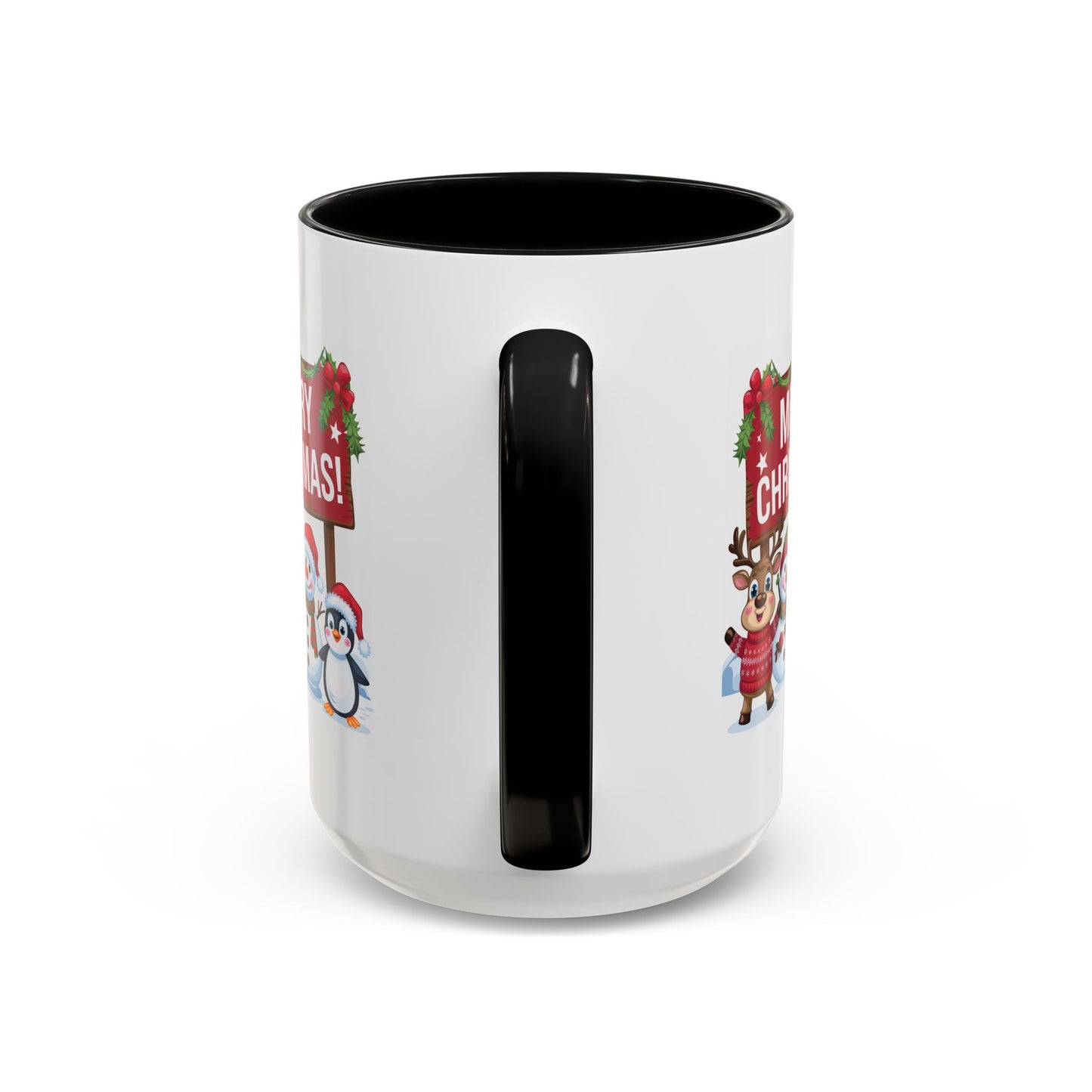 Christmas Mug - Merry Christmas White Text Reindeer Snowmen Penguin