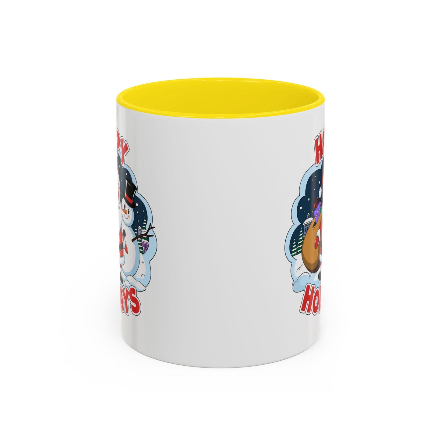 Christmas Mug - Happy Holidays Red & White Text Santa Snowman