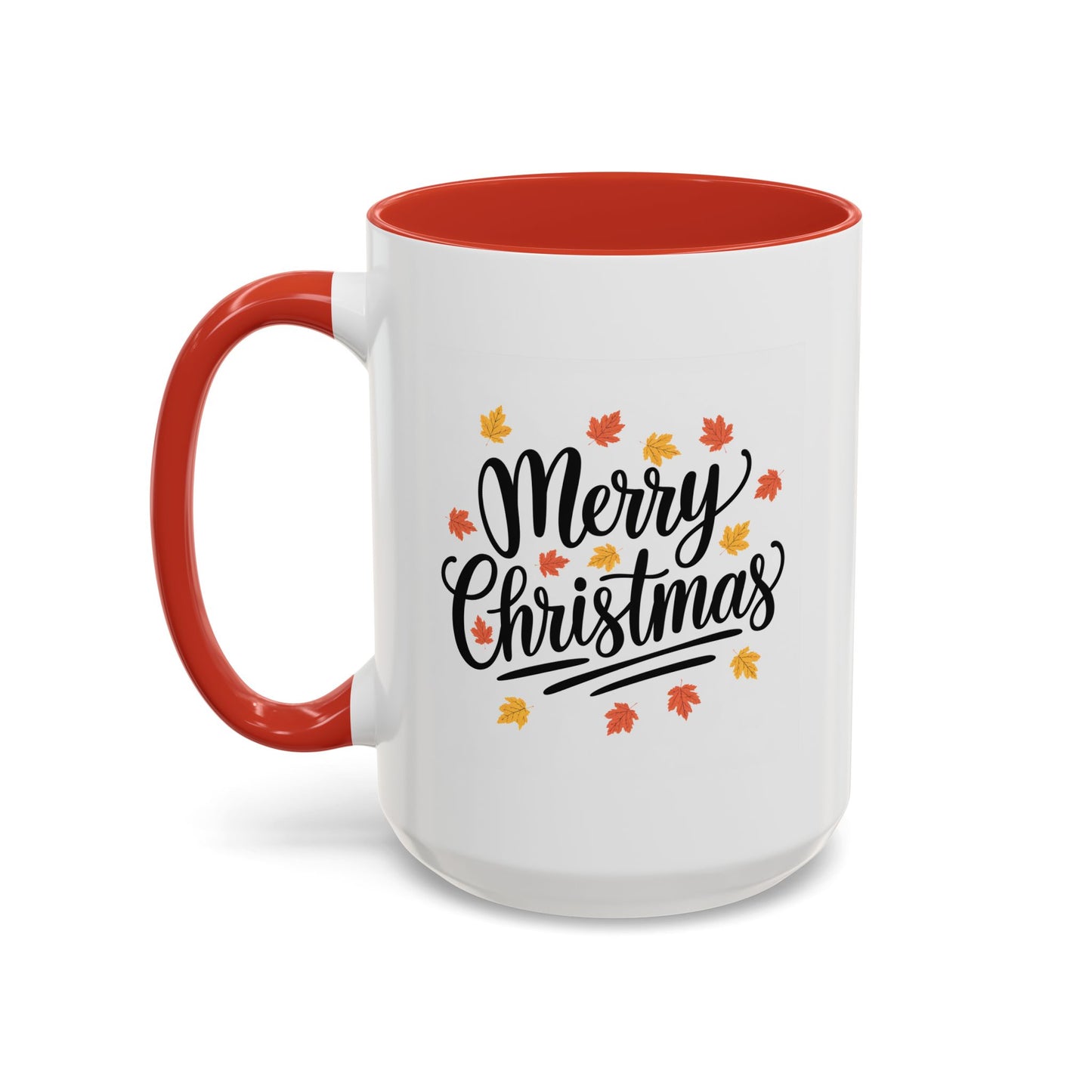 Christmas Mug - Merry Christmas Black Text Fall Leaves