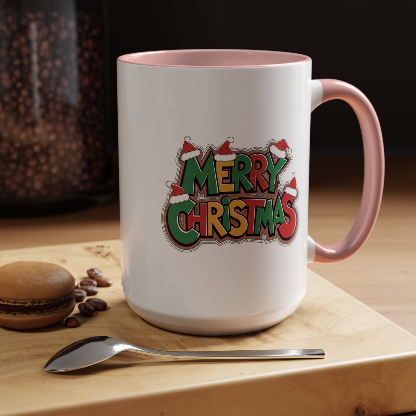 Christmas Mug - Merry Christmas Green Yellow & Red Text Hats