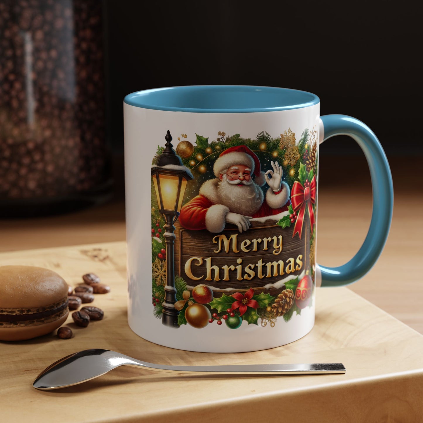 Christmas Mug - Merry Christmas Cream Text Santa Ok Light Bow Ornaments
