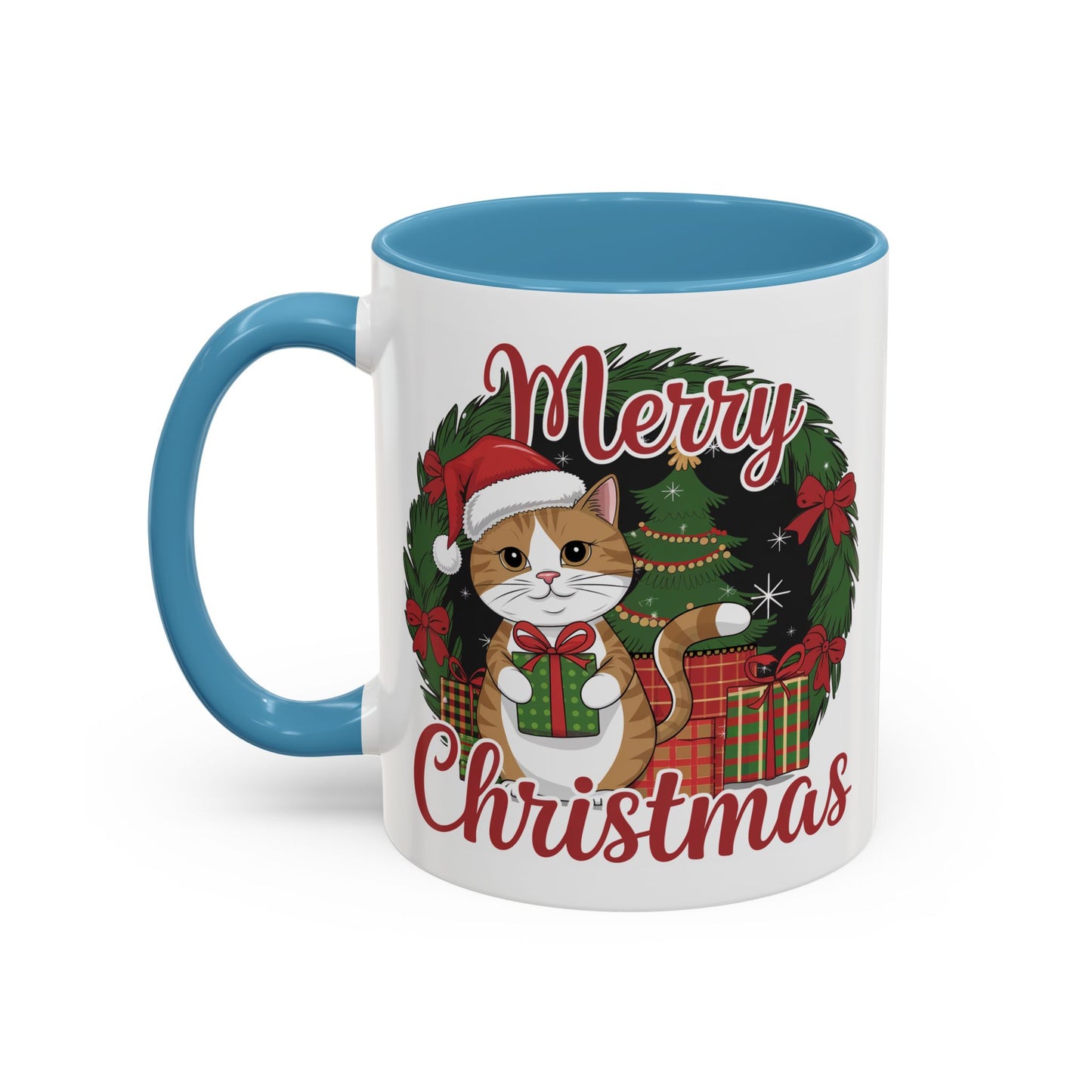 Christmas Mug - Merry Christmas Red Text Cat Presents Wreath
