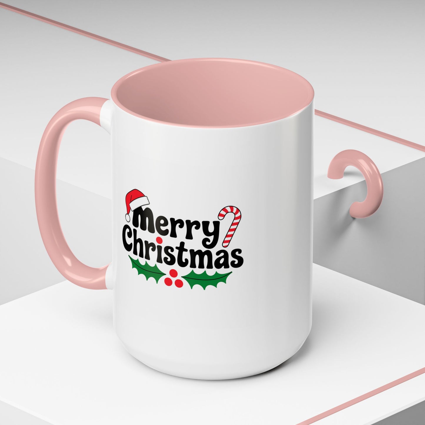 Christmas Mug - Merry Christmas Black Text Hat Cane Misletoe