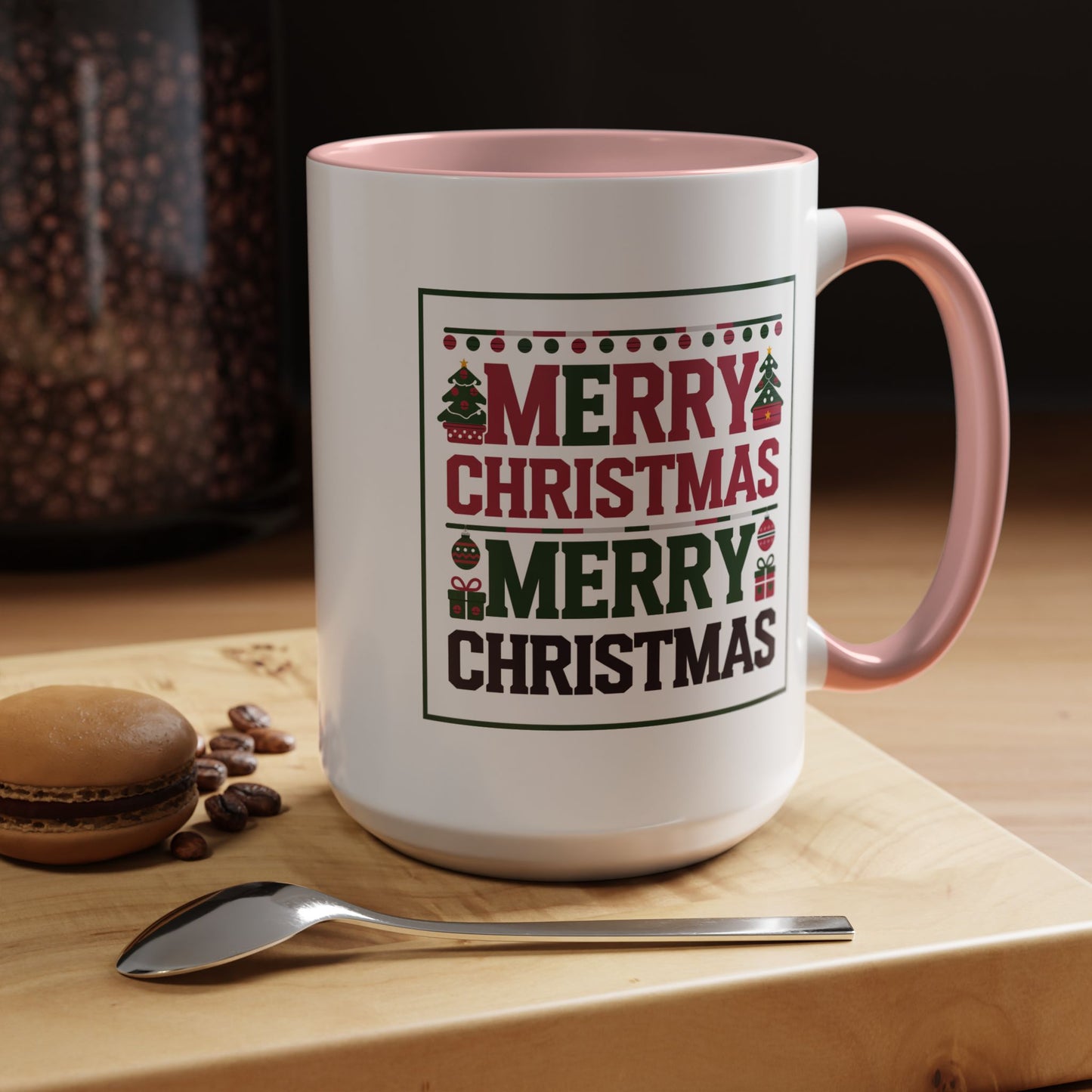 Christmas Mug - Merry Christmas Red Green & Black Text Trees Presents