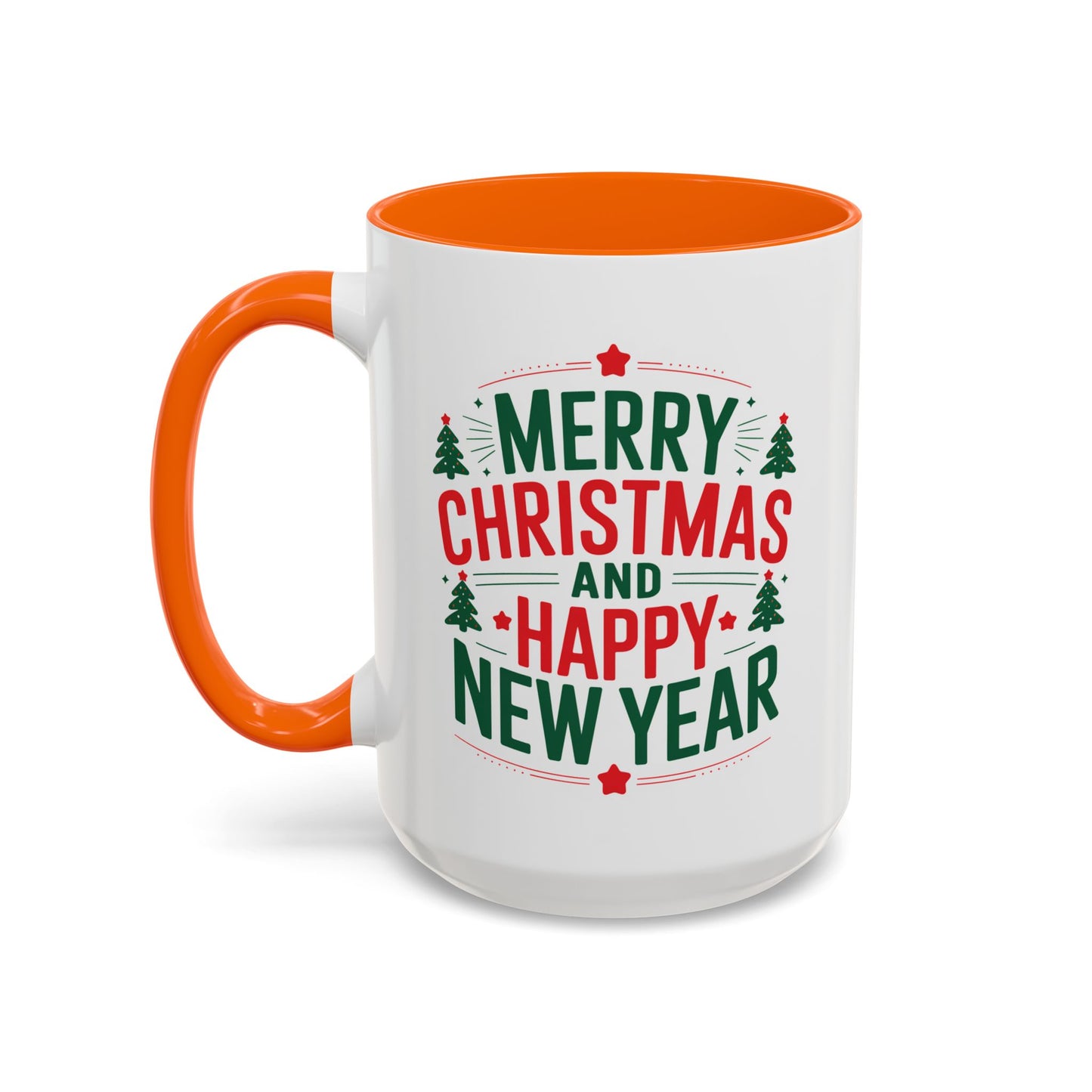 Christmas Mug - Merry Christmas and a Happy New Year Green & Red Text Trees Stars