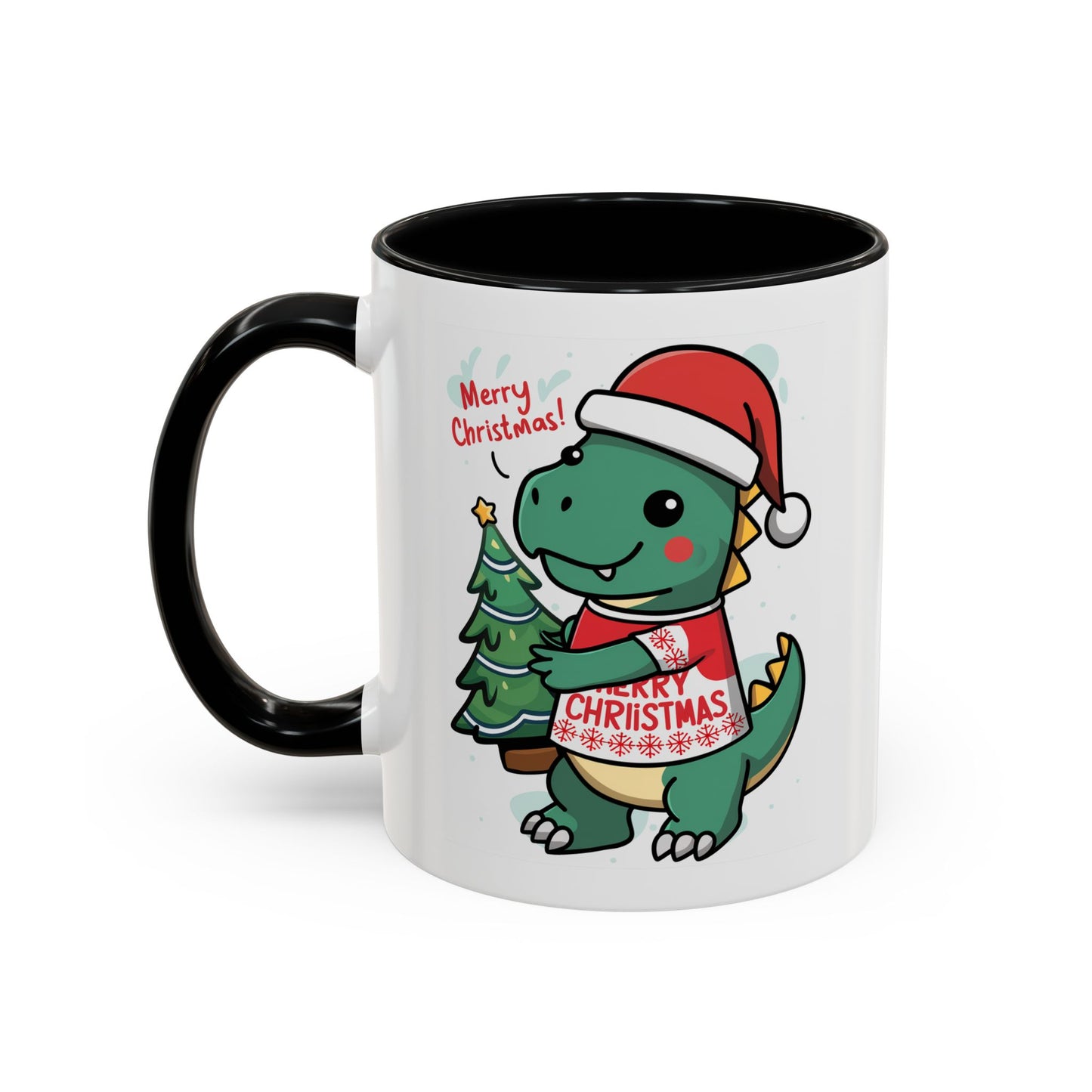 Christmas Mug - Merry Christmas Red Text Dinosaur Tree