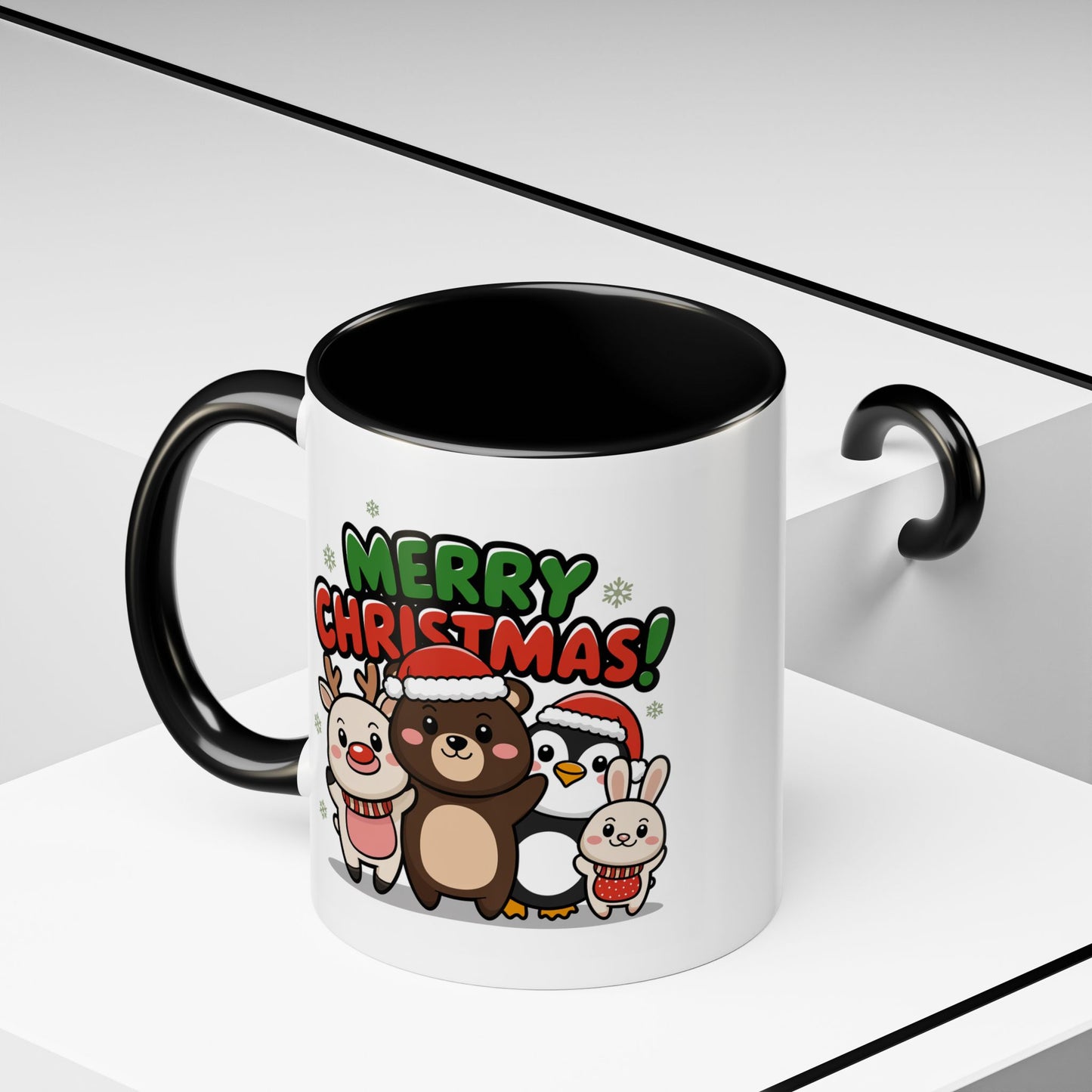 Christmas Mug - Merry Christmas Green & Red Text Cute Animals