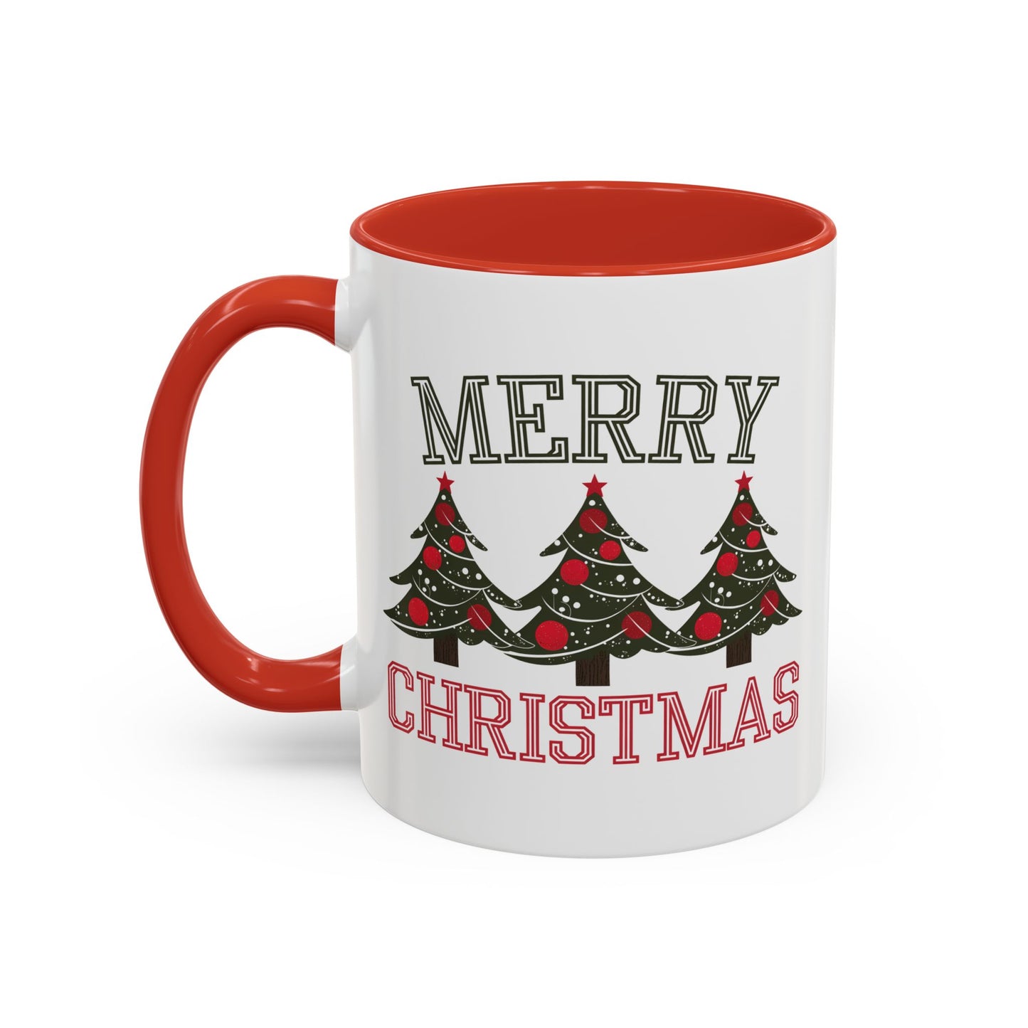 Christmas Mug - Merry Christmas Green & Red Text Decorative Trees